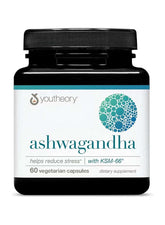 youtheory Ashwagandha capsules UAE in a black bottle with 60 vegetarian capsules for stress relief
